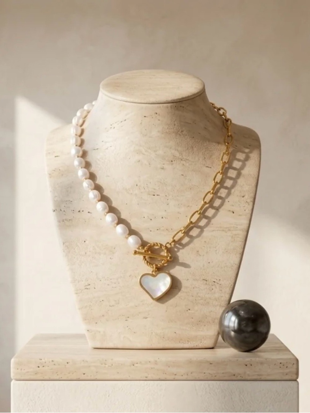 Gold Pearl Heart Pendant Necklace - White Pearls